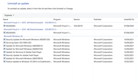 uninstall update windows