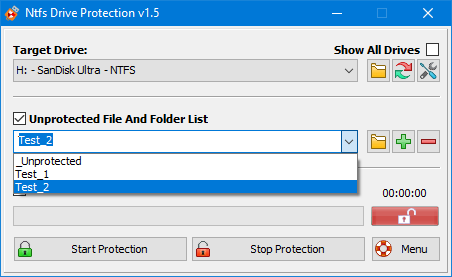 Выбор целевого диска и запуск защиты NTFS Drive