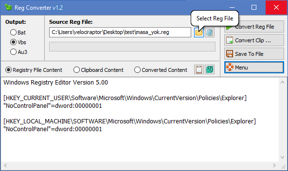 Выбор и загрузка REG-файла в Reg Converter